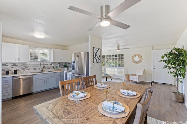 dining room with wood-type flooring, sink, and a wealth of natural light