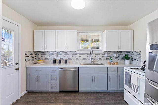 kitchen featuring stainless steel appliances, plenty of natural light, dark wood-type flooring, and sink