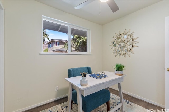 office area with hardwood / wood-style floors and ceiling fan