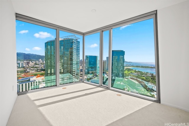 spare room featuring carpet flooring, floor to ceiling windows, a water view, and a healthy amount of sunlight