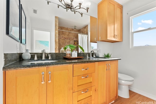 bathroom with toilet, hardwood / wood-style floors, vanity, and a shower with curtain