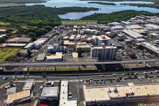 drone / aerial view featuring a water view