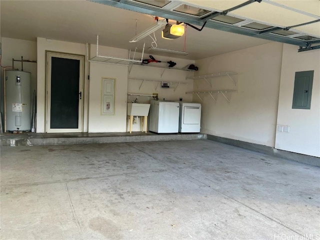 garage featuring electric water heater, a garage door opener, electric panel, sink, and washing machine and clothes dryer