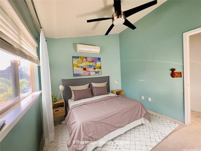 92-7139 Elele St Unit 805, Kapolei, HI 96707 - bedroom with an AC wall unit, lofted ceiling, ceiling fan, and carpet flooring