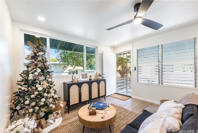 interior space featuring ceiling fan