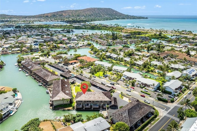 bird's eye view featuring a water and mountain view