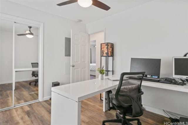 office area featuring ceiling fan and wood-type flooring