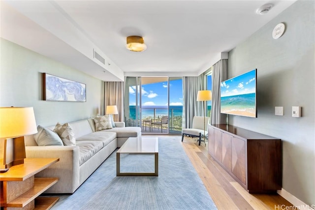 living room featuring expansive windows and light hardwood / wood-style flooring