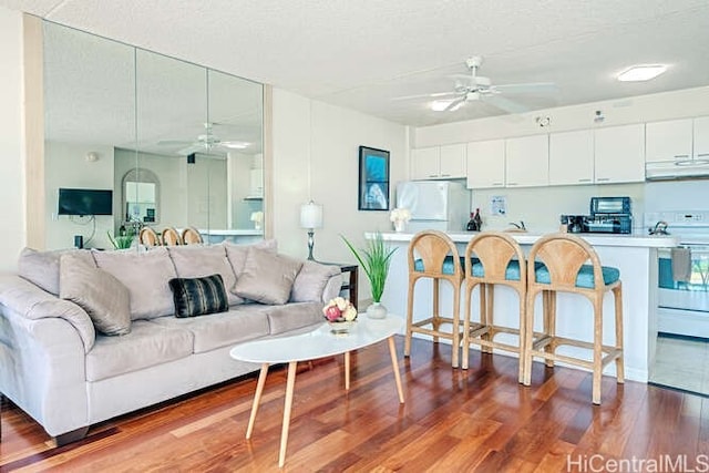 living room with a textured ceiling and hardwood / wood-style flooring