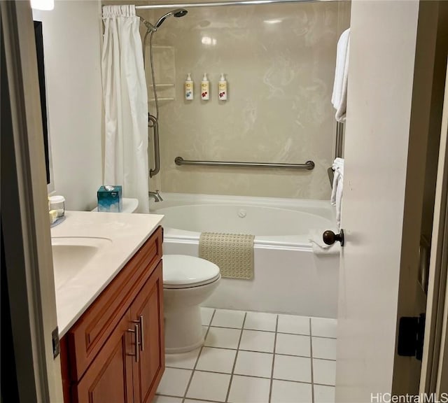 full bathroom with toilet, shower / tub combo, vanity, and tile patterned floors