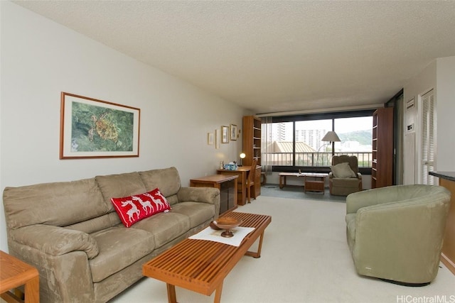 living room featuring a textured ceiling and carpet floors