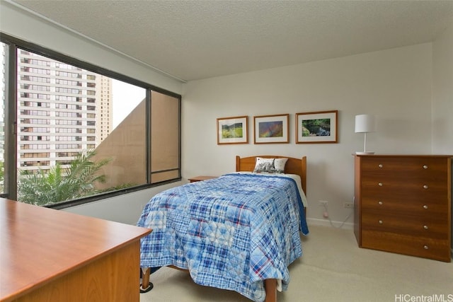 carpeted bedroom with a textured ceiling and multiple windows