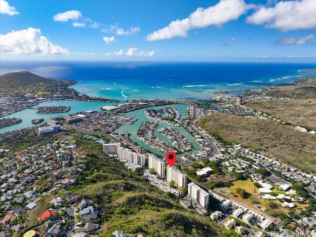 bird's eye view with a water view