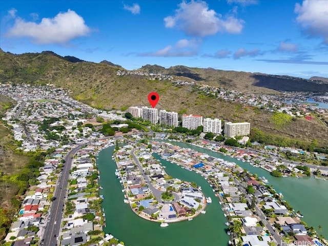 aerial view with a water and mountain view