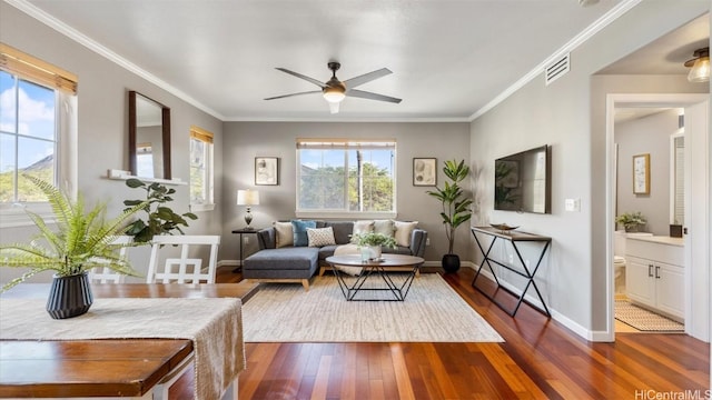 living room with dark hardwood / wood-style floors, ceiling fan, and crown molding