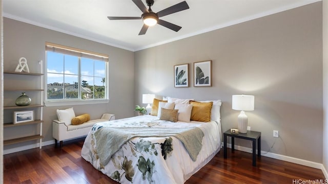 bedroom with ceiling fan, crown molding, and dark wood-type flooring