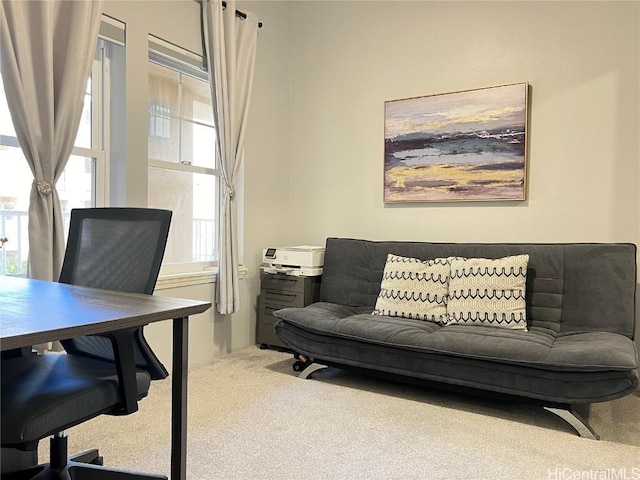 office area featuring light colored carpet