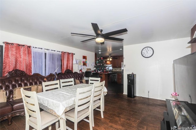 dining space featuring dark hardwood / wood-style floors and ceiling fan