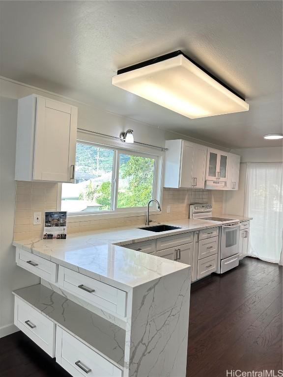 kitchen with white cabinetry, tasteful backsplash, electric range, and sink