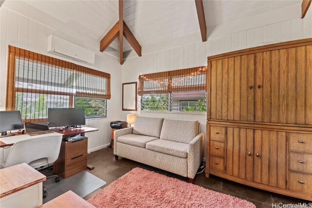 office area with beamed ceiling, wood walls, and an AC wall unit