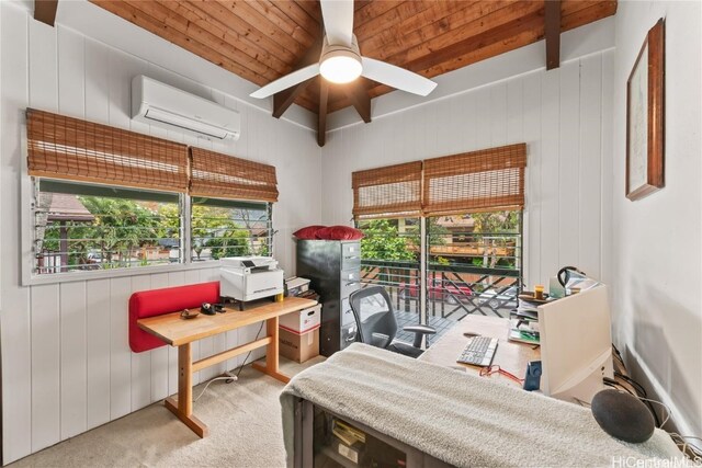 office area featuring wood ceiling, ceiling fan, a wall mounted AC, and light colored carpet