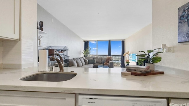 kitchen featuring light stone counters, sink, a wall of windows, dishwasher, and white cabinetry