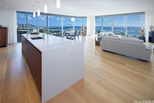 kitchen with a water view, a sink, open floor plan, light wood-type flooring, and an island with sink