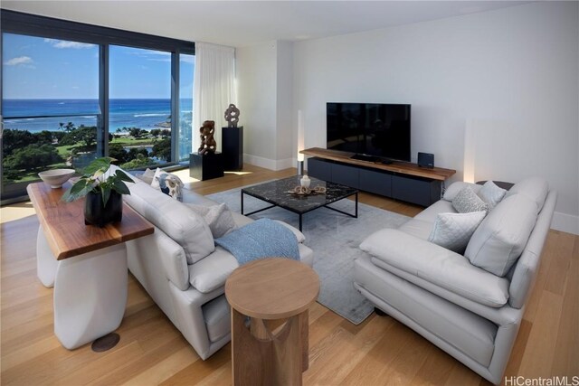 living area featuring a water view, light wood-style floors, expansive windows, and baseboards