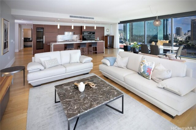 living room featuring light hardwood / wood-style flooring and a wall of windows