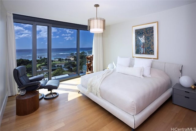 bedroom with a water view and wood finished floors