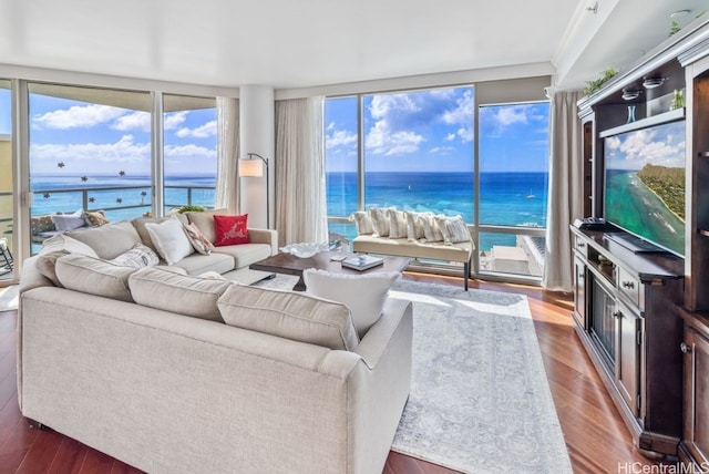 living room with a water view, wood-type flooring, a wall of windows, and a wealth of natural light