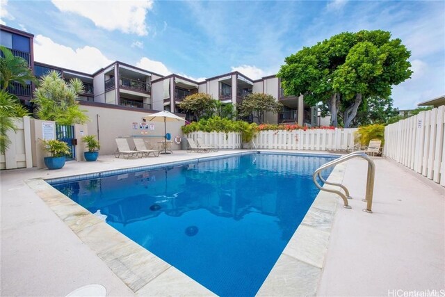 view of swimming pool with a patio