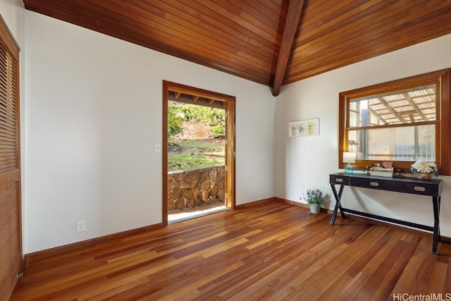 interior space with lofted ceiling with beams, hardwood / wood-style floors, and wood ceiling