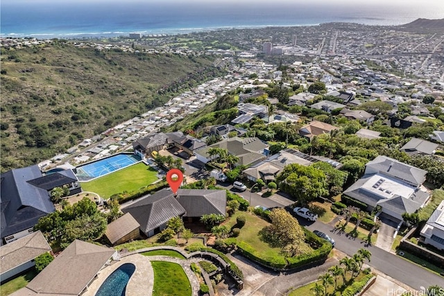 bird's eye view with a water view