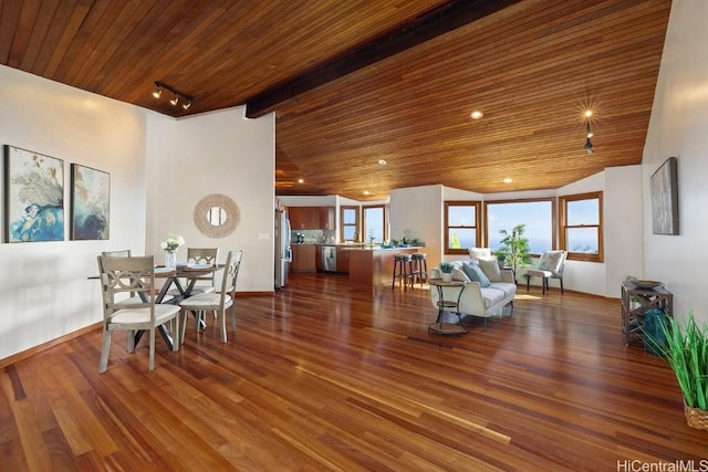 living room featuring wood-type flooring, wood ceiling, and track lighting