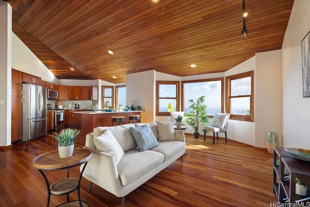 living room with wood ceiling, dark wood-type flooring, and lofted ceiling