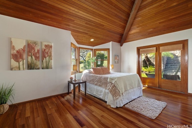 bedroom with access to exterior, vaulted ceiling with beams, hardwood / wood-style flooring, and wood ceiling