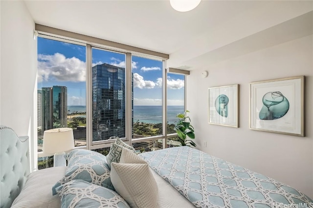 bedroom featuring floor to ceiling windows and a water view