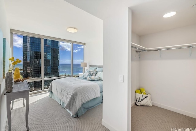 bedroom with carpet and a water view