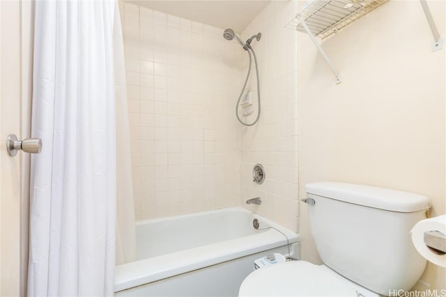 bathroom with toilet and shower / bathtub combination with curtain