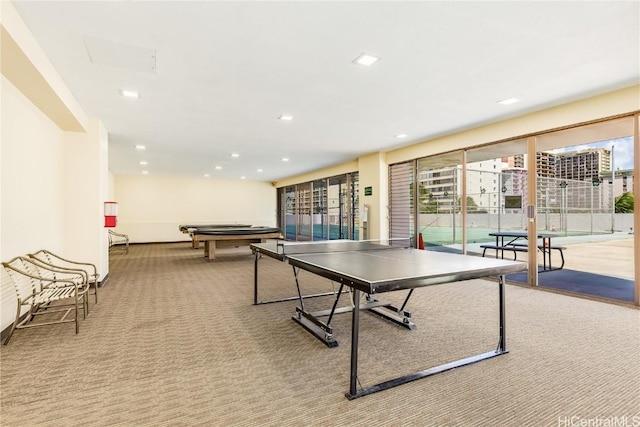 playroom with light colored carpet, plenty of natural light, and pool table