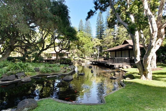 view of home's community featuring a yard and a garden pond