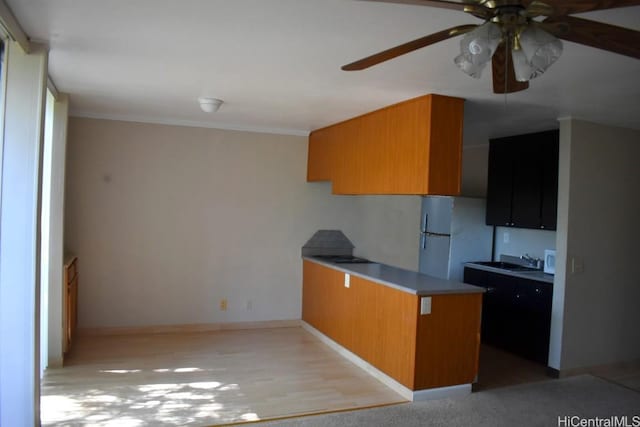 kitchen with ceiling fan, white appliances, and sink