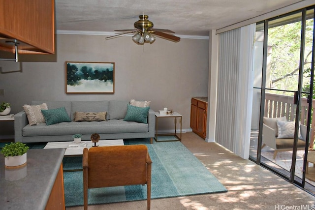 living room with floor to ceiling windows, crown molding, ceiling fan, and light carpet