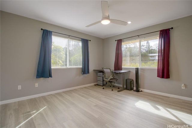 office featuring ceiling fan, a healthy amount of sunlight, and light hardwood / wood-style flooring