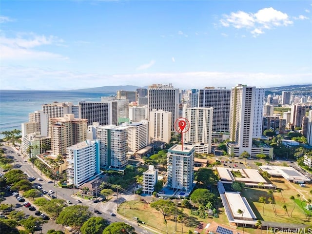 drone / aerial view featuring a water view