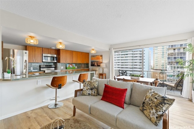 living room featuring a textured ceiling, light hardwood / wood-style flooring, and a healthy amount of sunlight