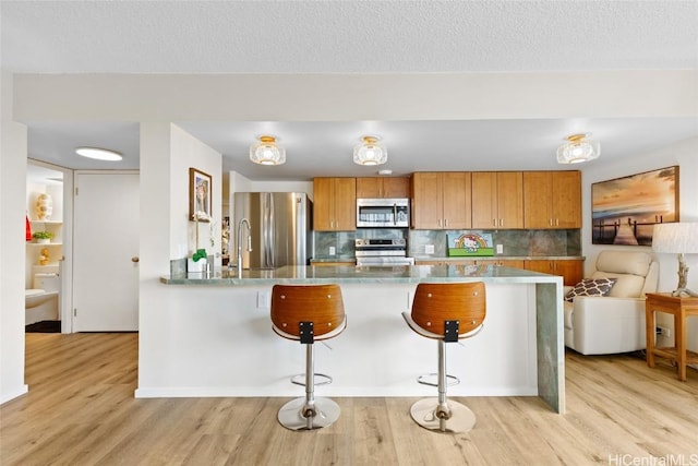 kitchen with tasteful backsplash, stainless steel appliances, and light hardwood / wood-style floors