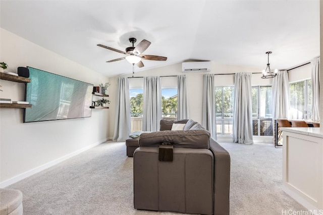 bedroom with a notable chandelier, vaulted ceiling, a wall mounted air conditioner, and light colored carpet