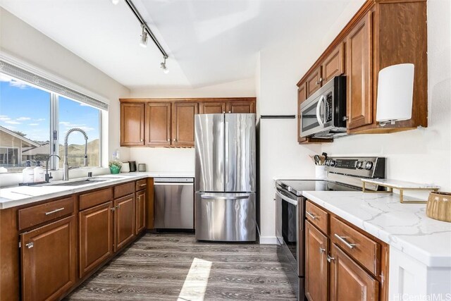 kitchen featuring light stone counters, stainless steel appliances, dark hardwood / wood-style flooring, and sink